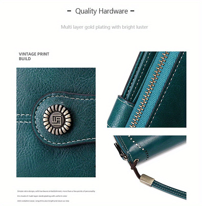 Large Capacity Multifunctional RFID Blocking Long Wallet - Vintage Solid Color Coin Purse With Zipper, Wristband, and Multi-card Slot