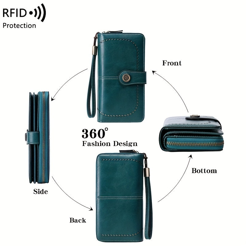 Large Capacity Multifunctional RFID Blocking Long Wallet - Vintage Solid Color Coin Purse With Zipper, Wristband, and Multi-card Slot
