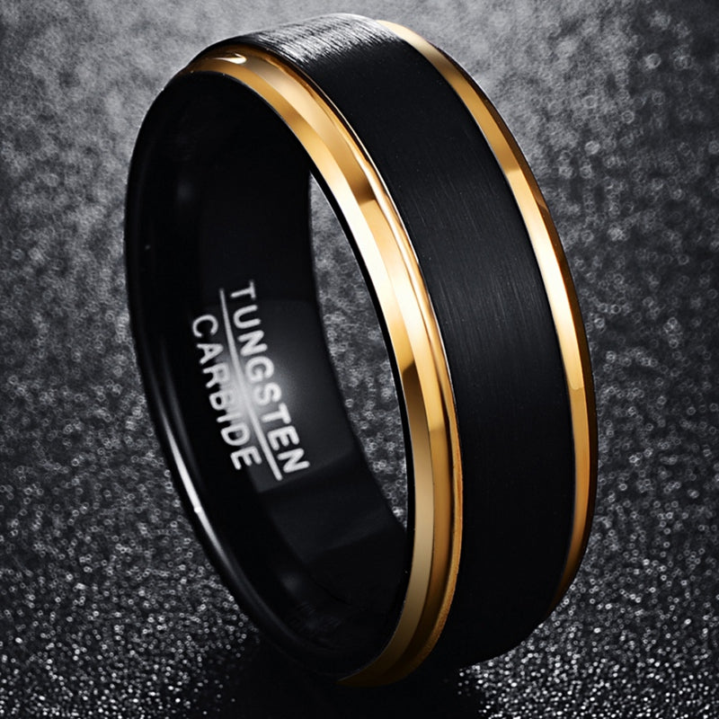 Golden Tungsten Ring | 8mm width, Vacuum plating, Black matte surface, Men's, USA size 7-15