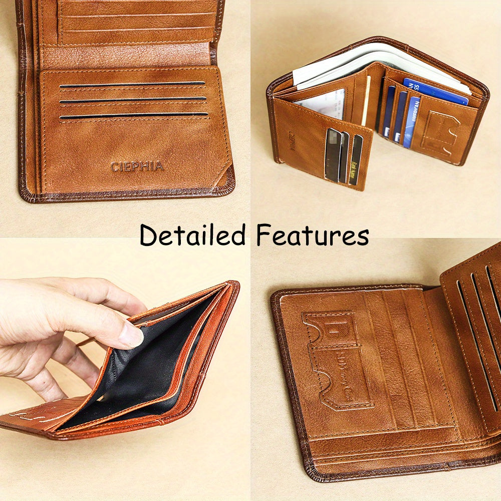 CIEPHIA Card Holder or RFID Blocking Wallet for Men - Slim Minimalist Vintage Leather Wallet with Anti-Theft, Genuine Cowhide, Compact Bi/Fold Design, ID Window
