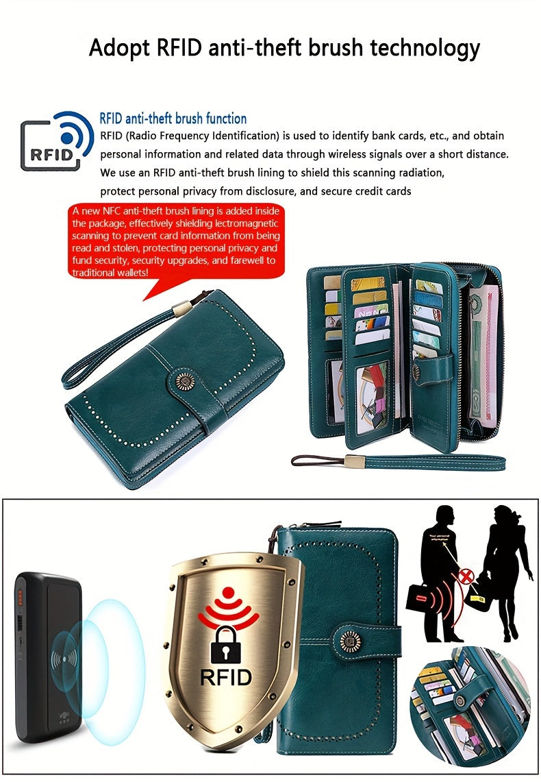 Large Capacity Multifunctional RFID Blocking Long Wallet - Vintage Solid Color Coin Purse With Zipper, Wristband, and Multi-card Slot