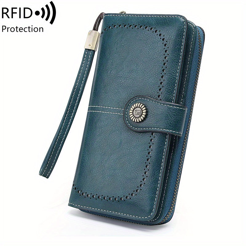 Large Capacity Multifunctional RFID Blocking Long Wallet - Vintage Solid Color Coin Purse With Zipper, Wristband, and Multi-card Slot