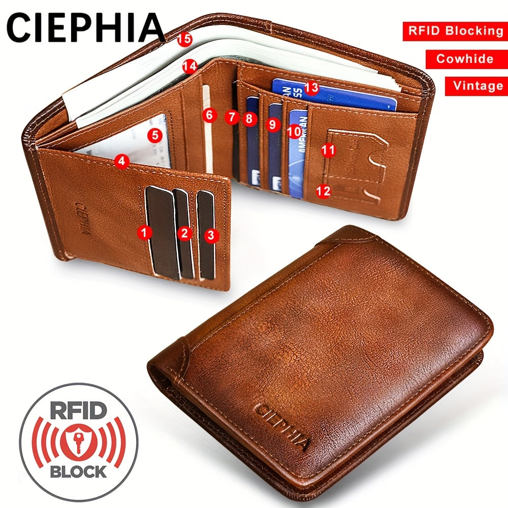 CIEPHIA Card Holder or RFID Blocking Wallet for Men - Slim Minimalist Vintage Leather Wallet with Anti-Theft, Genuine Cowhide, Compact Bi/Fold Design, ID Window