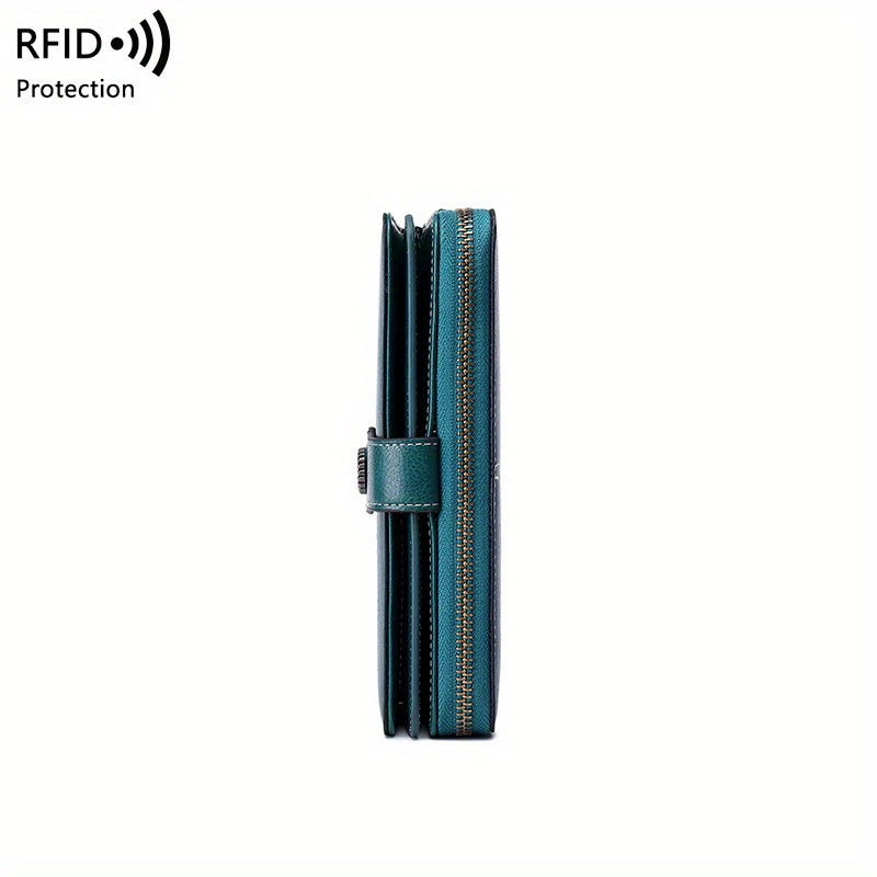 Large Capacity Multifunctional RFID Blocking Long Wallet - Vintage Solid Color Coin Purse With Zipper, Wristband, and Multi-card Slot