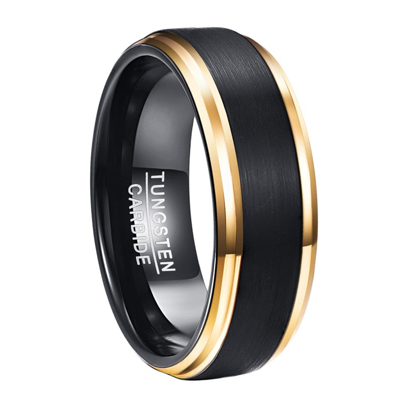 Golden Tungsten Ring | 8mm width, Vacuum plating, Black matte surface, Men's, USA size 7-15