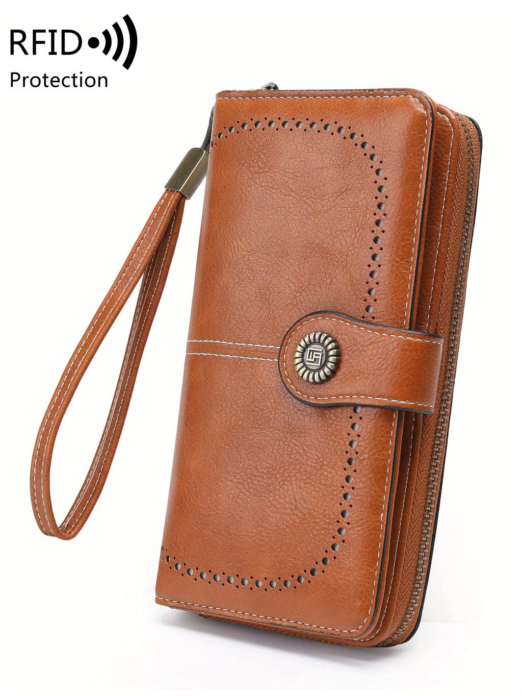 Large Capacity Multifunctional RFID Blocking Long Wallet - Vintage Solid Color Coin Purse With Zipper, Wristband, and Multi-card Slot