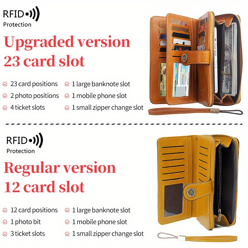 Large Capacity Multifunctional RFID Blocking Long Wallet - Vintage Solid Color Coin Purse With Zipper, Wristband, and Multi-card Slot