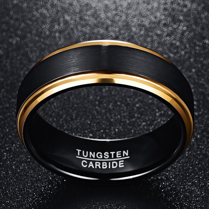 Golden Tungsten Ring | 8mm width, Vacuum plating, Black matte surface, Men's, USA size 7-15