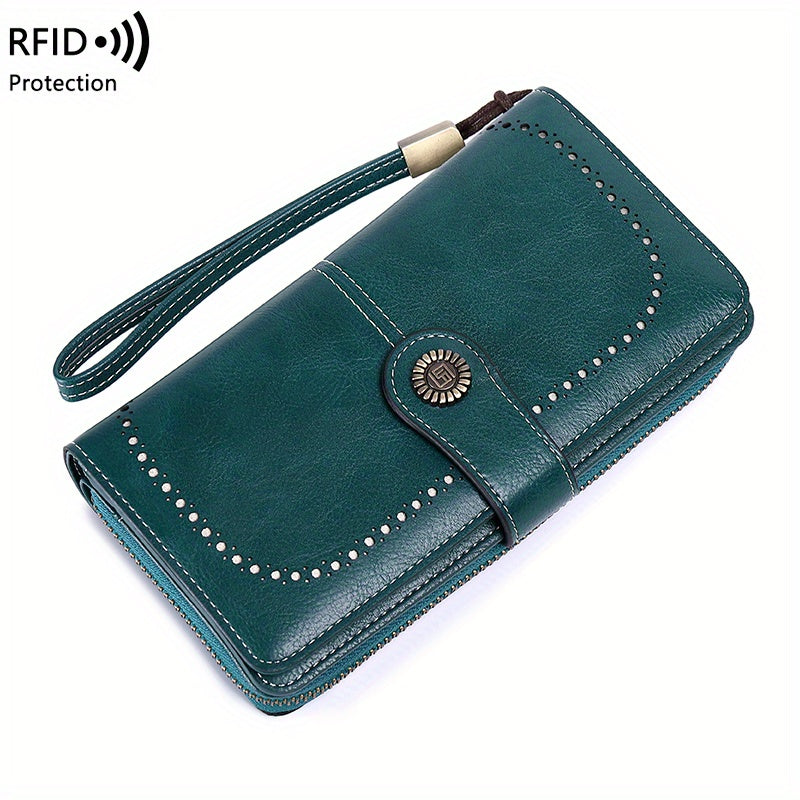 Large Capacity Multifunctional RFID Blocking Long Wallet - Vintage Solid Color Coin Purse With Zipper, Wristband, and Multi-card Slot