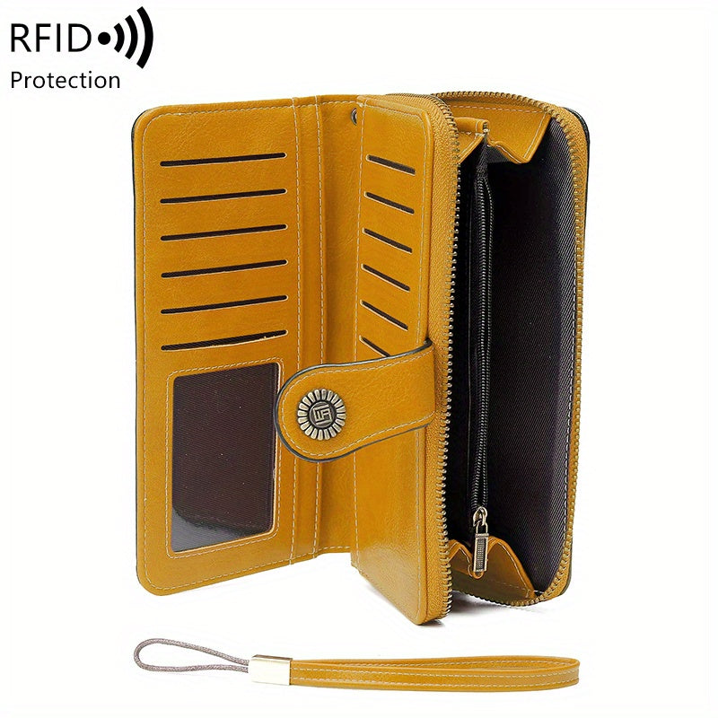 Large Capacity Multifunctional RFID Blocking Long Wallet - Vintage Solid Color Coin Purse With Zipper, Wristband, and Multi-card Slot
