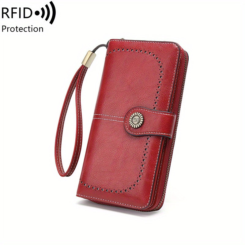 Large Capacity Multifunctional RFID Blocking Long Wallet - Vintage Solid Color Coin Purse With Zipper, Wristband, and Multi-card Slot