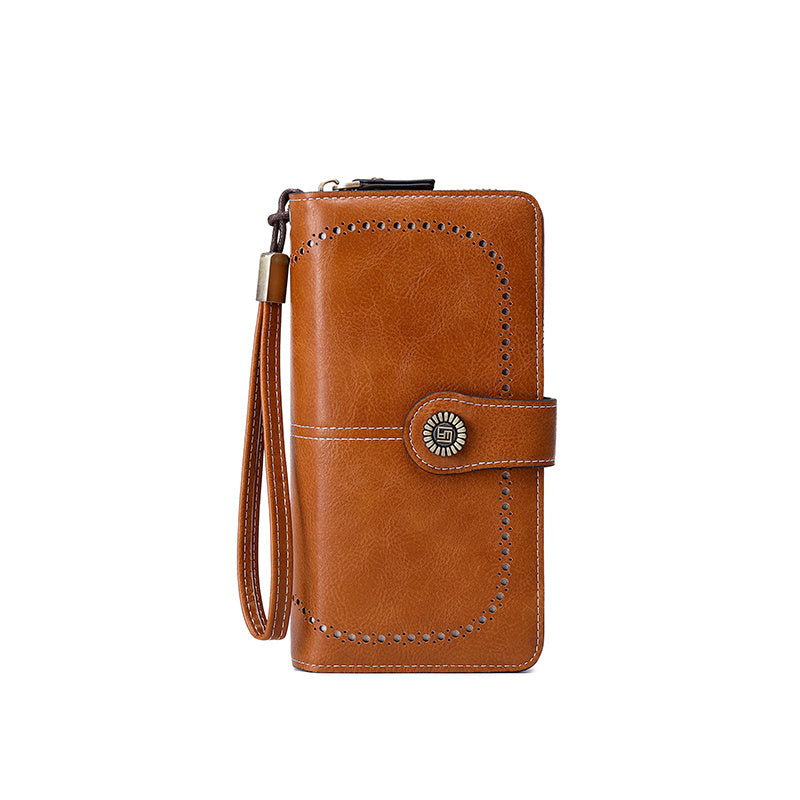 Large Capacity Multifunctional RFID Blocking Long Wallet - Vintage Solid Color Coin Purse With Zipper, Wristband, and Multi-card Slot