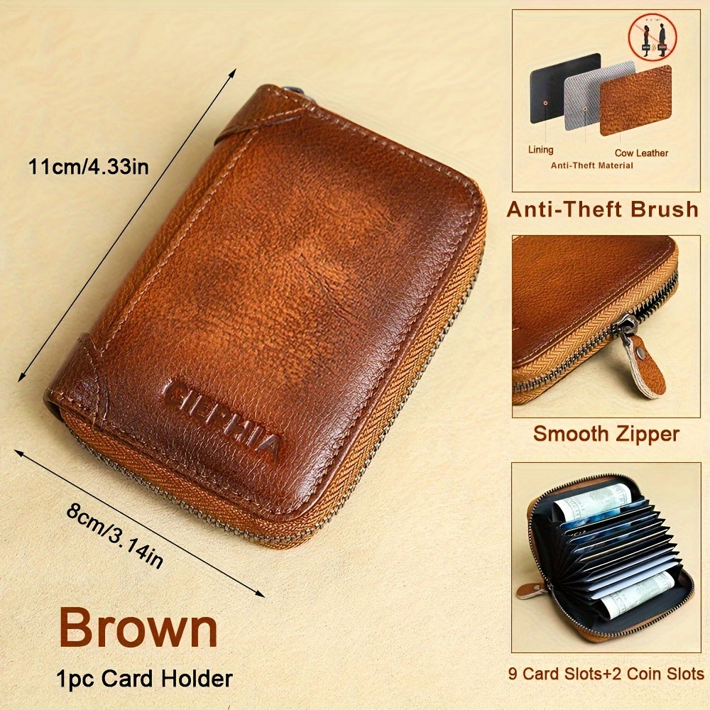 CIEPHIA Card Holder or RFID Blocking Wallet for Men - Slim Minimalist Vintage Leather Wallet with Anti-Theft, Genuine Cowhide, Compact Bi/Fold Design, ID Window