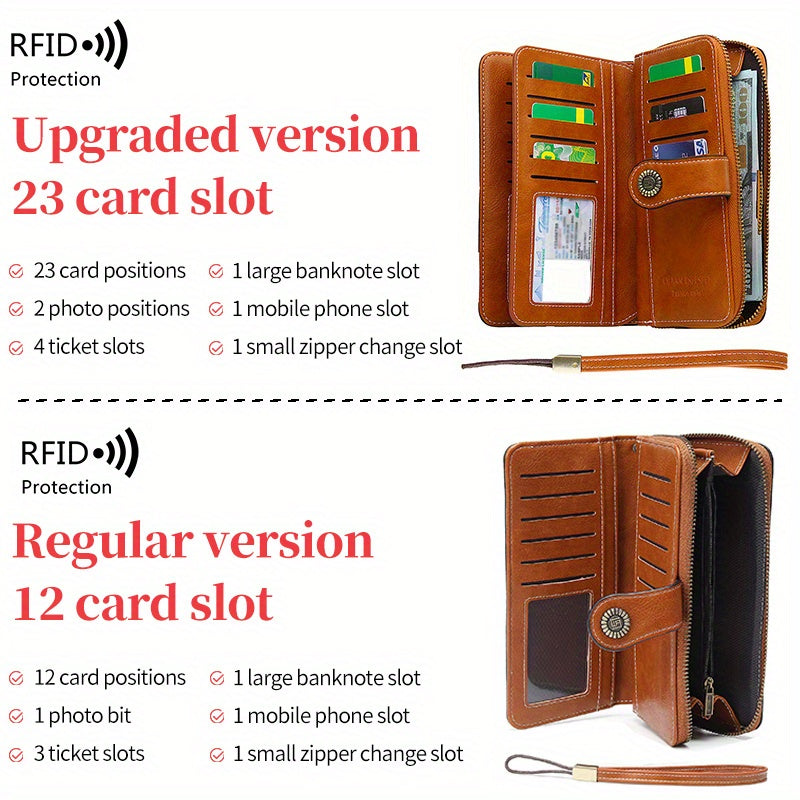 Large Capacity Multifunctional RFID Blocking Long Wallet - Vintage Solid Color Coin Purse With Zipper, Wristband, and Multi-card Slot