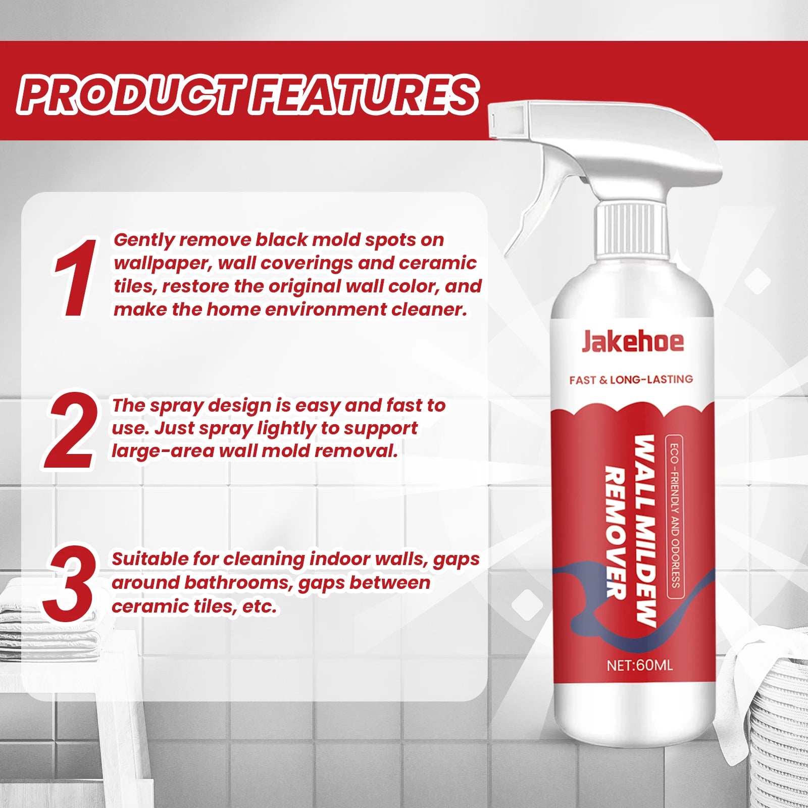 Jakehoe Wall & Tile Mildew Remover – Bathroom & Household Cleaner, Stain & Mildew Preventer, 60ml