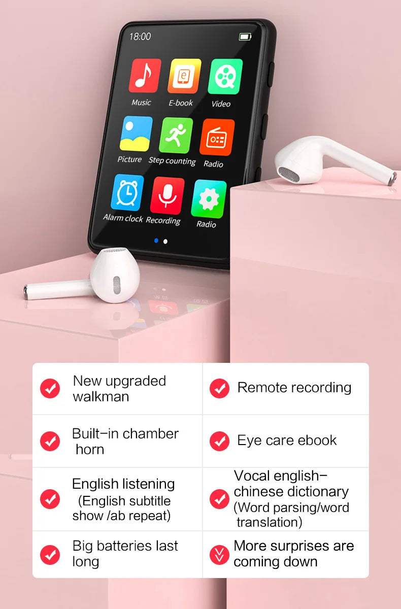 Metal Bluetooth MP3 Player – HiFi Music, Touch Screen & Built-in Speaker