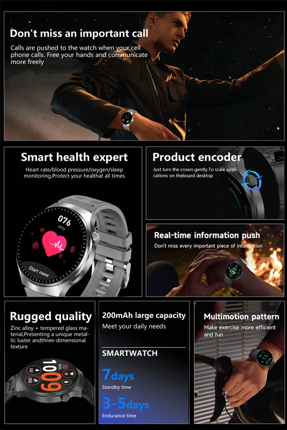 Men’s Smart Watch HD Display – Fitness, Health &amp; Bluetooth Call