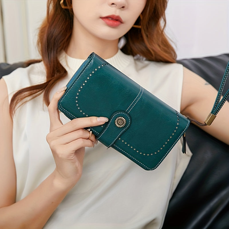Large Capacity Multifunctional RFID Blocking Long Wallet - Vintage Solid Color Coin Purse With Zipper, Wristband, and Multi-card Slot