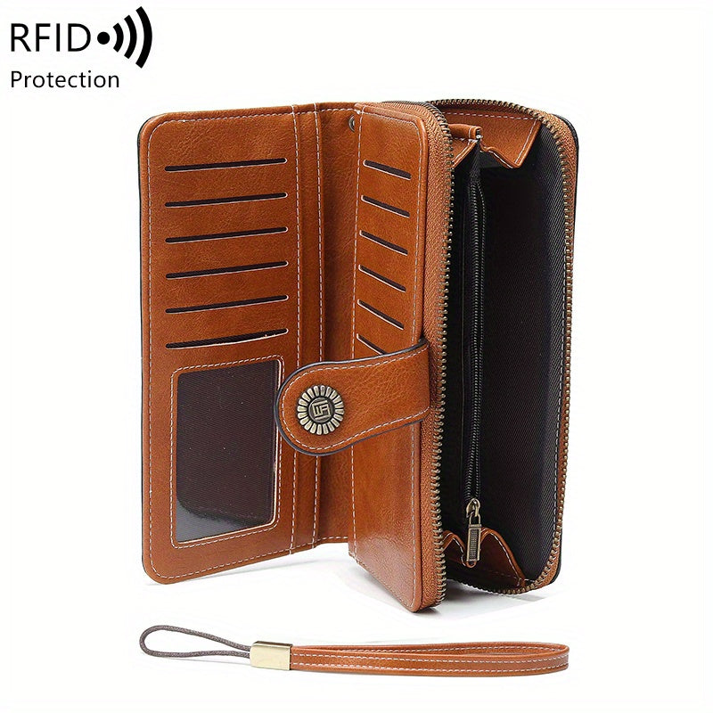 Large Capacity Multifunctional RFID Blocking Long Wallet - Vintage Solid Color Coin Purse With Zipper, Wristband, and Multi-card Slot