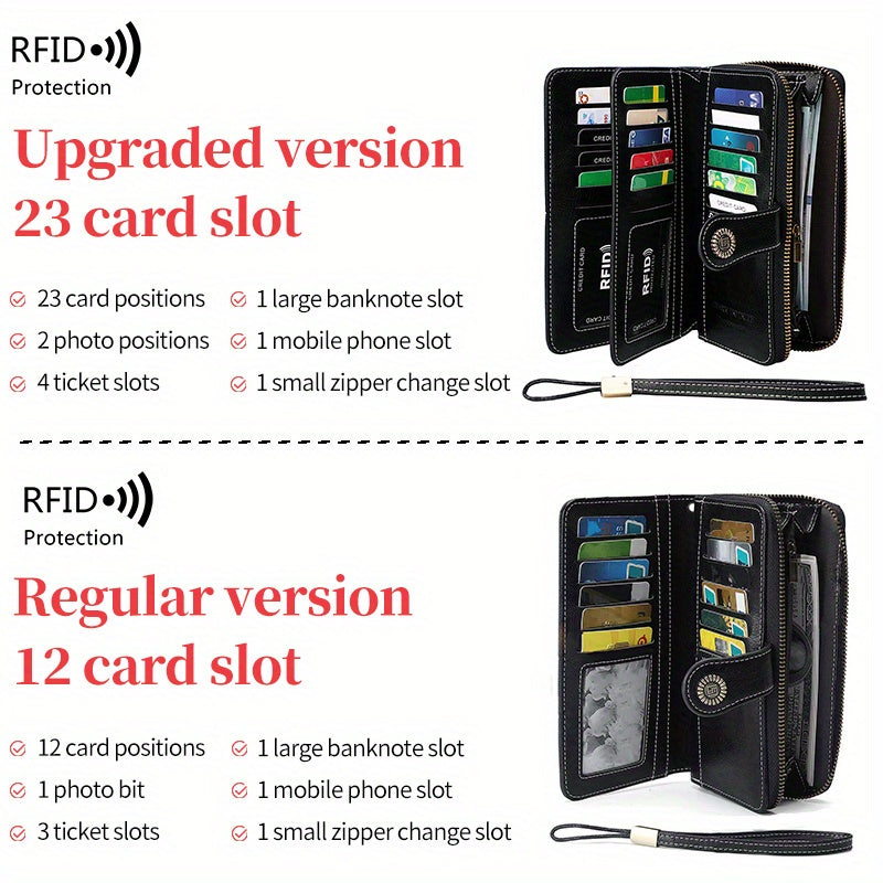 Large Capacity Multifunctional RFID Blocking Long Wallet - Vintage Solid Color Coin Purse With Zipper, Wristband, and Multi-card Slot