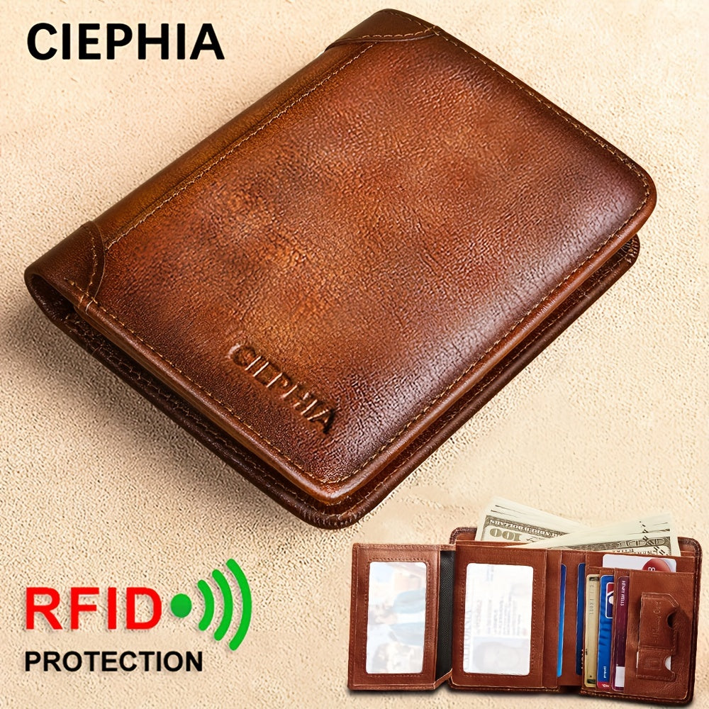 CIEPHIA Card Holder or RFID Blocking Wallet for Men - Slim Minimalist Vintage Leather Wallet with Anti-Theft, Genuine Cowhide, Compact Bi/Fold Design, ID Window