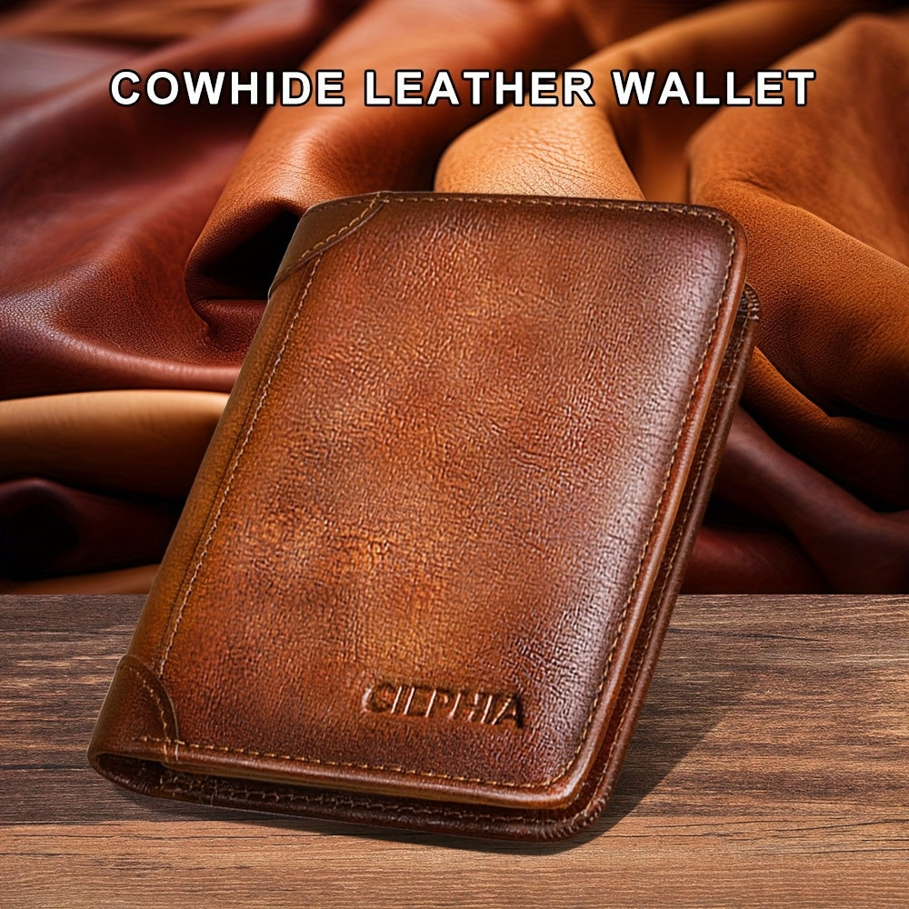 CIEPHIA Card Holder or RFID Blocking Wallet for Men - Slim Minimalist Vintage Leather Wallet with Anti-Theft, Genuine Cowhide, Compact Bi/Fold Design, ID Window