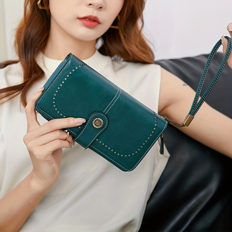 Large Capacity Multifunctional RFID Blocking Long Wallet - Vintage Solid Color Coin Purse With Zipper, Wristband, and Multi-card Slot