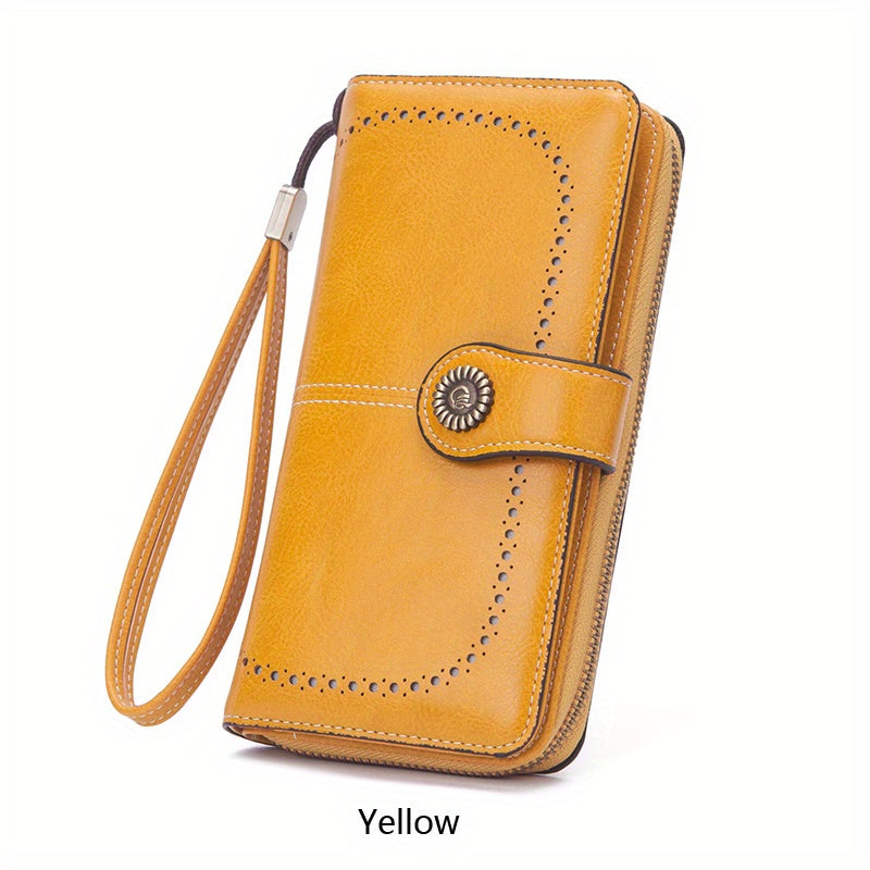 Large Capacity Multifunctional RFID Blocking Long Wallet - Vintage Solid Color Coin Purse With Zipper, Wristband, and Multi-card Slot