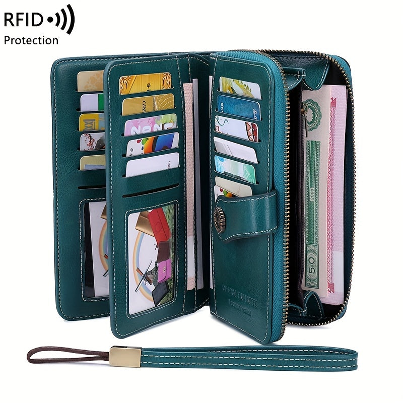 Large Capacity Multifunctional RFID Blocking Long Wallet - Vintage Solid Color Coin Purse With Zipper, Wristband, and Multi-card Slot
