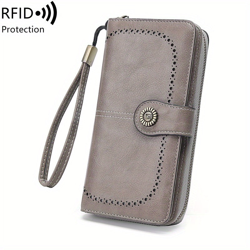 Large Capacity Multifunctional RFID Blocking Long Wallet - Vintage Solid Color Coin Purse With Zipper, Wristband, and Multi-card Slot