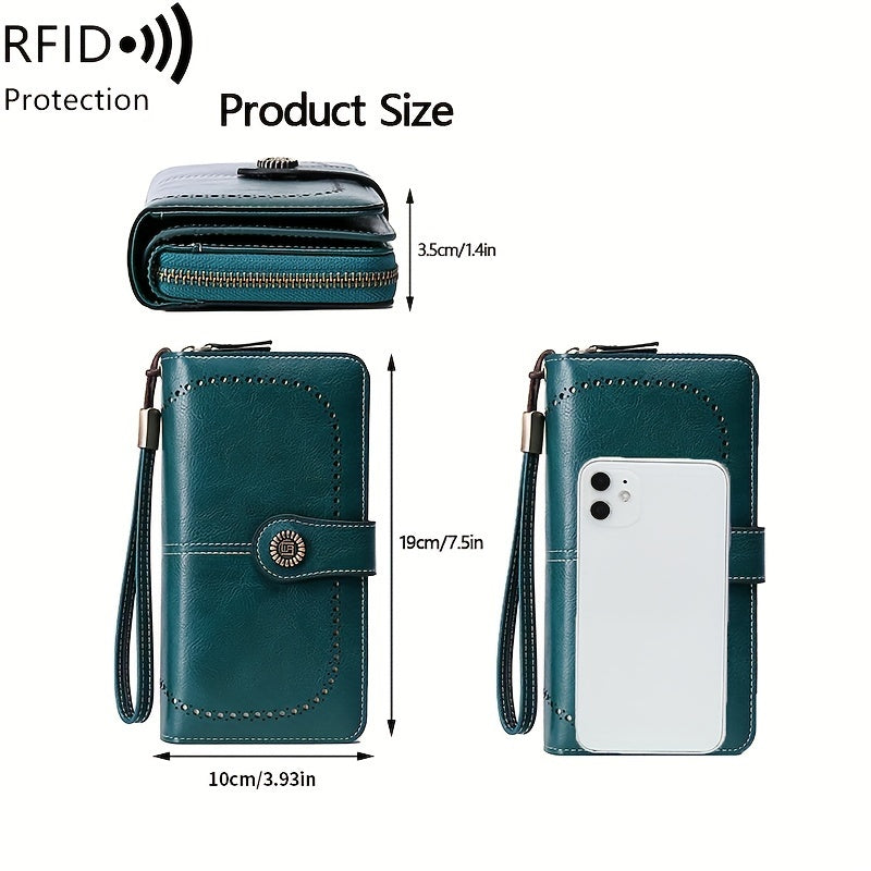 Large Capacity Multifunctional RFID Blocking Long Wallet - Vintage Solid Color Coin Purse With Zipper, Wristband, and Multi-card Slot