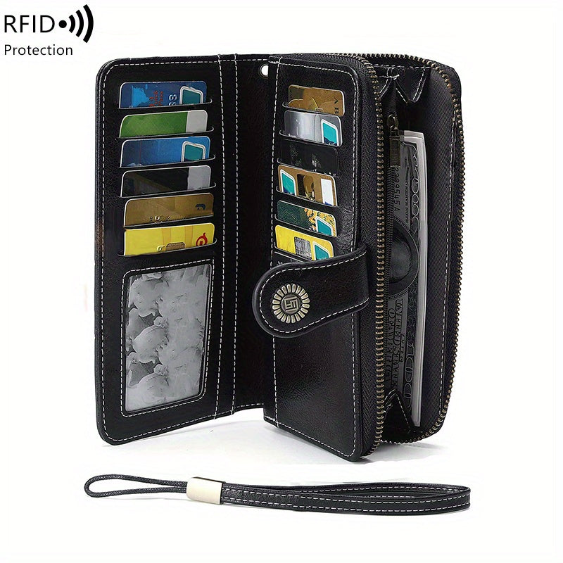 Large Capacity Multifunctional RFID Blocking Long Wallet - Vintage Solid Color Coin Purse With Zipper, Wristband, and Multi-card Slot