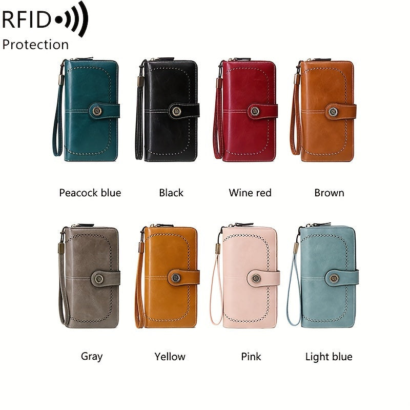 Large Capacity Multifunctional RFID Blocking Long Wallet - Vintage Solid Color Coin Purse With Zipper, Wristband, and Multi-card Slot