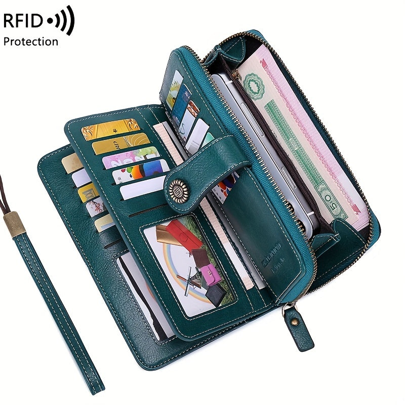 Large Capacity Multifunctional RFID Blocking Long Wallet - Vintage Solid Color Coin Purse With Zipper, Wristband, and Multi-card Slot