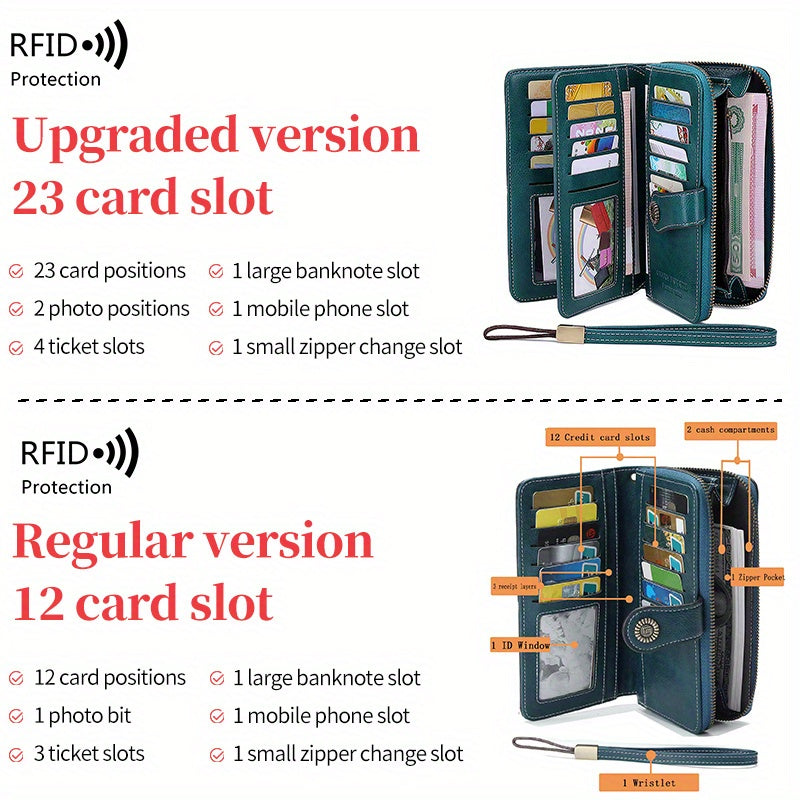 Large Capacity Multifunctional RFID Blocking Long Wallet - Vintage Solid Color Coin Purse With Zipper, Wristband, and Multi-card Slot