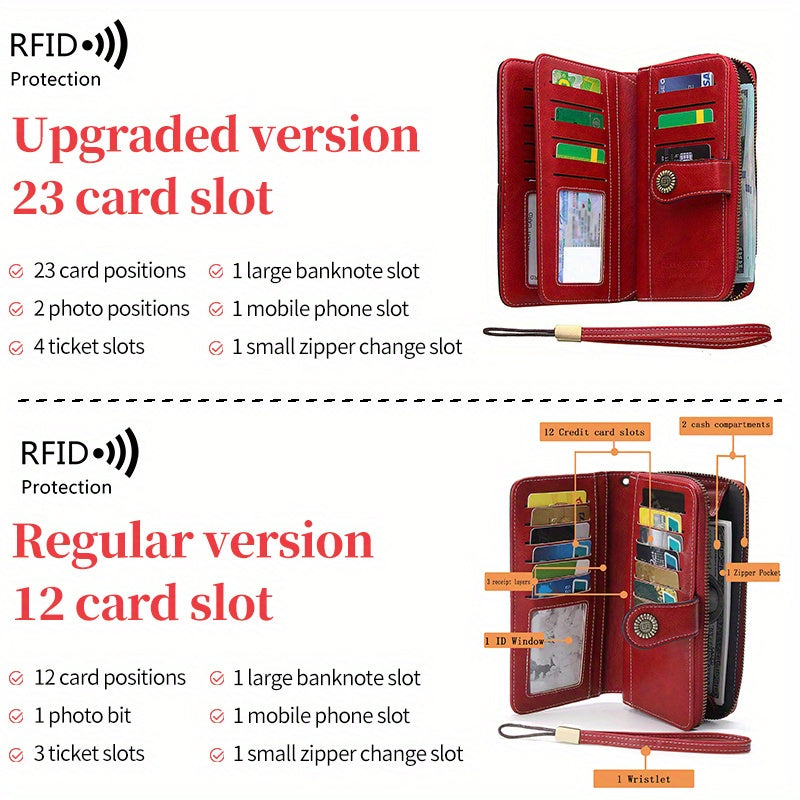 Large Capacity Multifunctional RFID Blocking Long Wallet - Vintage Solid Color Coin Purse With Zipper, Wristband, and Multi-card Slot