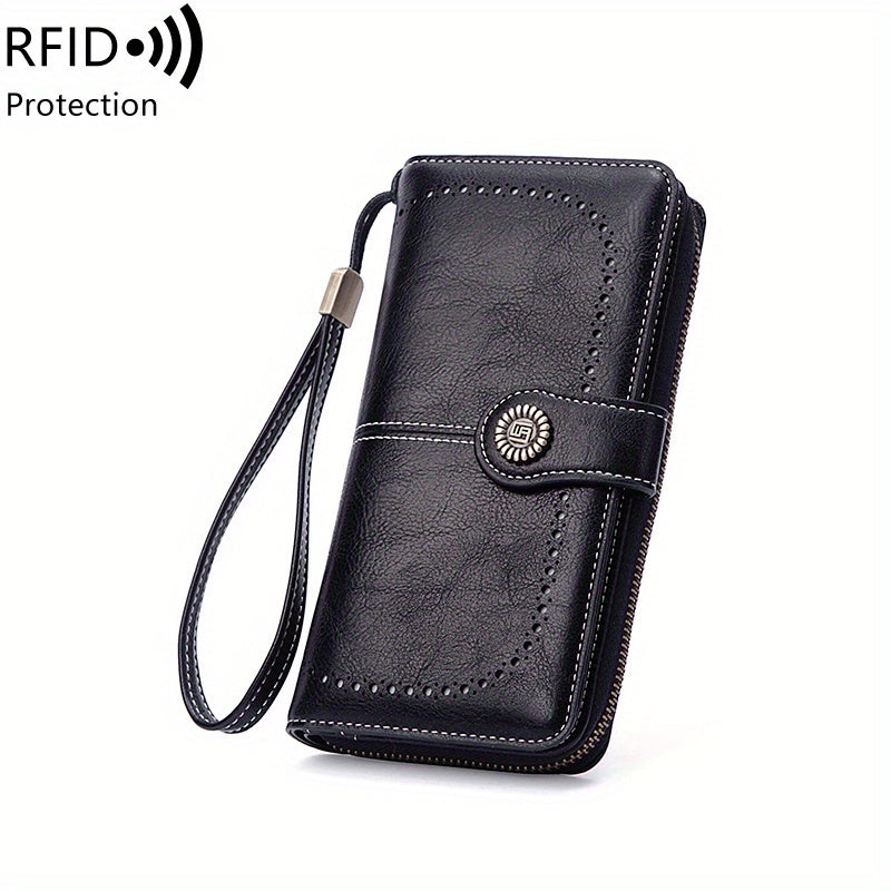 Large Capacity Multifunctional RFID Blocking Long Wallet - Vintage Solid Color Coin Purse With Zipper, Wristband, and Multi-card Slot