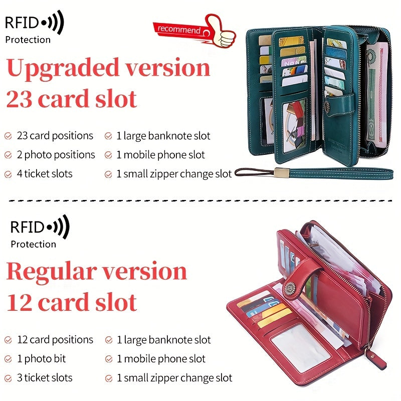 Large Capacity Multifunctional RFID Blocking Long Wallet - Vintage Solid Color Coin Purse With Zipper, Wristband, and Multi-card Slot
