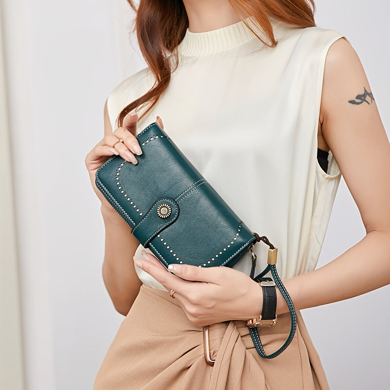 Large Capacity Multifunctional RFID Blocking Long Wallet - Vintage Solid Color Coin Purse With Zipper, Wristband, and Multi-card Slot
